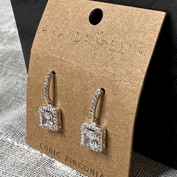 Amanda Blu Ice Blue Cubic Zirconia Stone Square Halo Drop Earrings NWT Gifts 1" - Picture 5 of 11